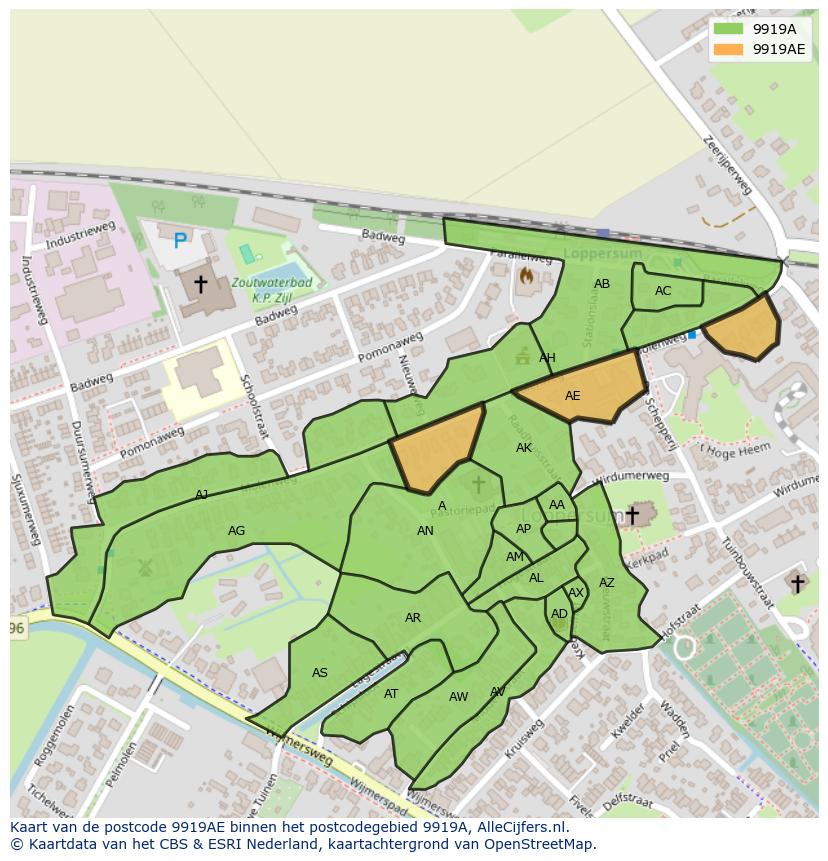 Afbeelding van het postcodegebied 9919 AE op de kaart.