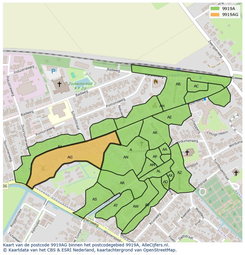 Afbeelding van het postcodegebied 9919 AG op de kaart.