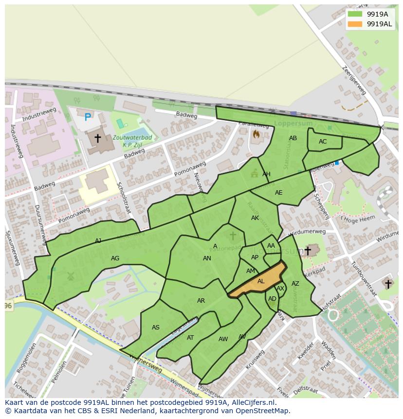 Afbeelding van het postcodegebied 9919 AL op de kaart.