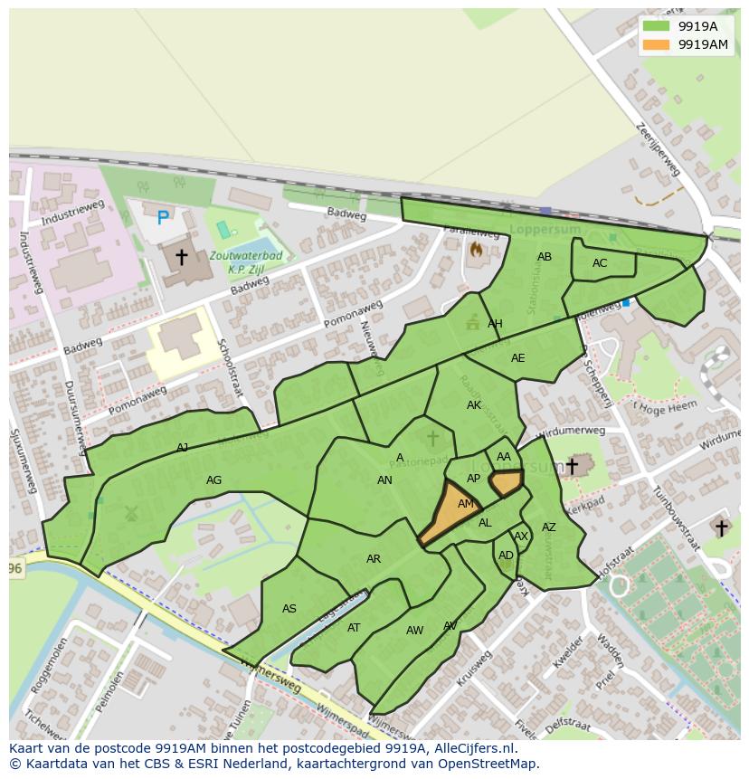 Afbeelding van het postcodegebied 9919 AM op de kaart.