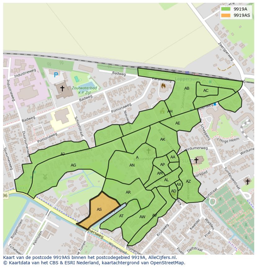 Afbeelding van het postcodegebied 9919 AS op de kaart.