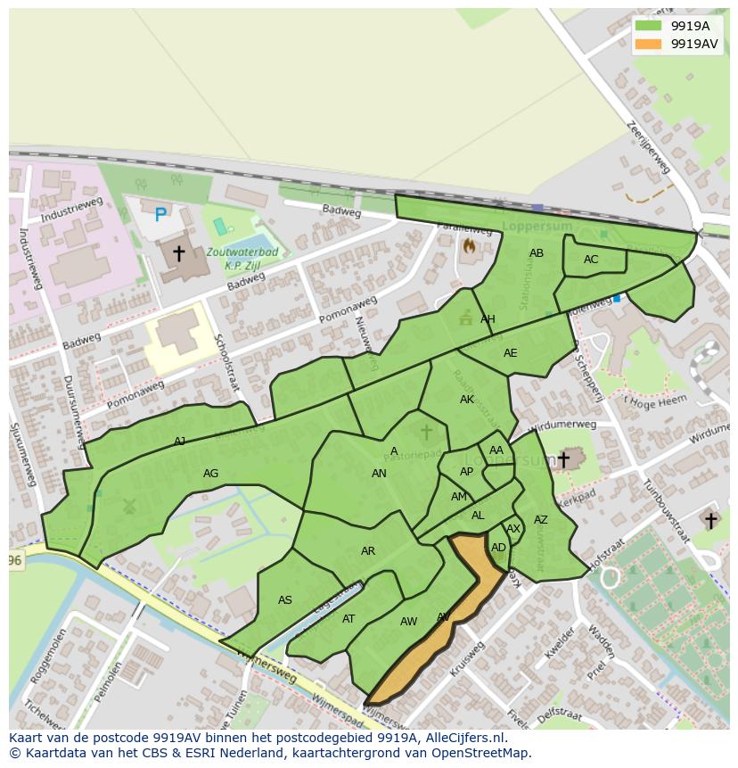 Afbeelding van het postcodegebied 9919 AV op de kaart.