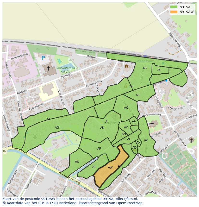 Afbeelding van het postcodegebied 9919 AW op de kaart.