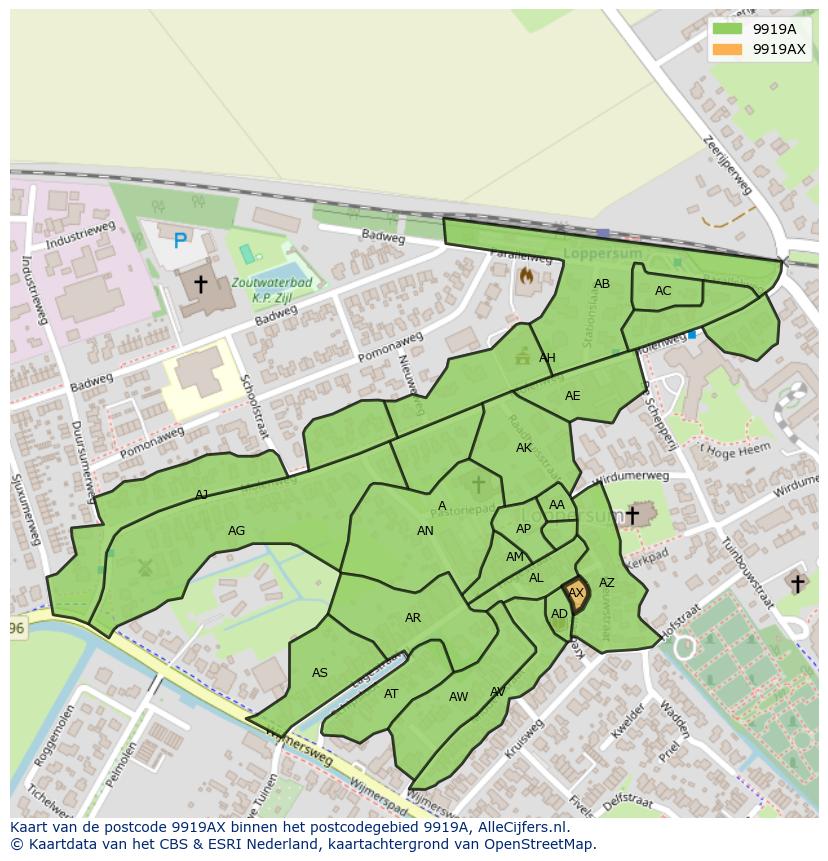 Afbeelding van het postcodegebied 9919 AX op de kaart.
