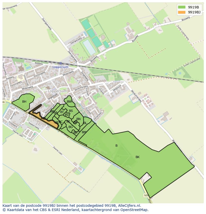 Afbeelding van het postcodegebied 9919 BJ op de kaart.