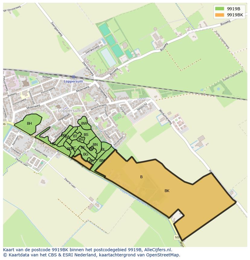 Afbeelding van het postcodegebied 9919 BK op de kaart.