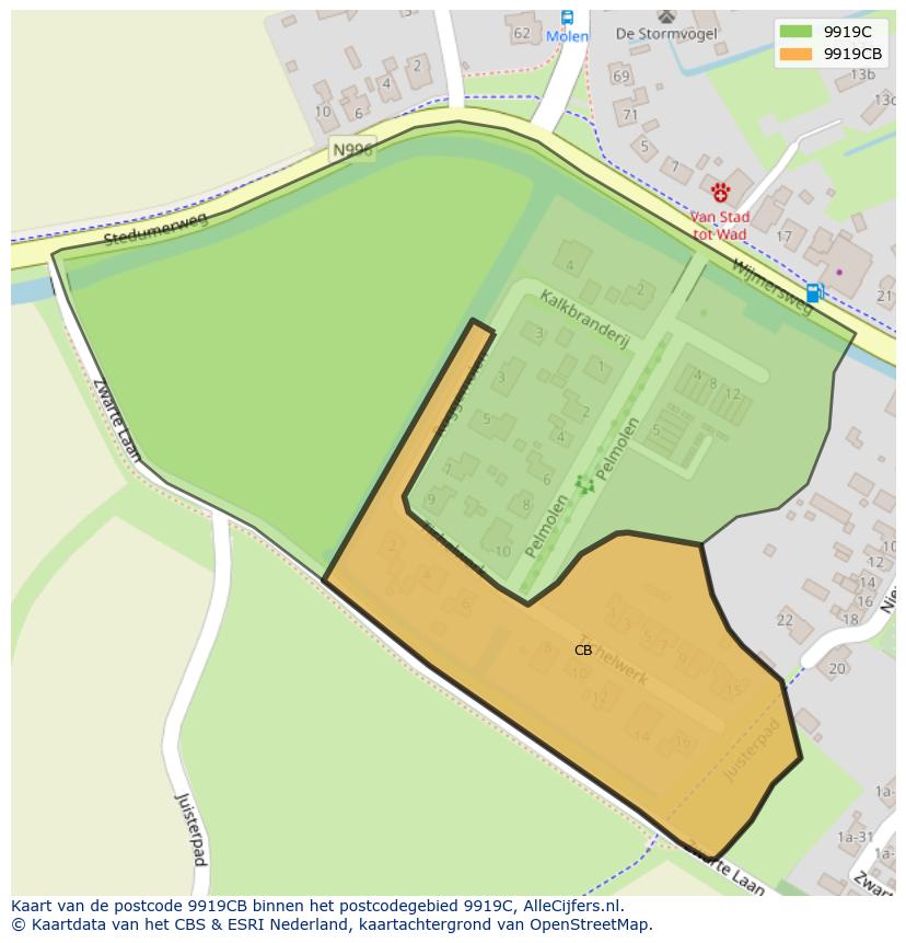 Afbeelding van het postcodegebied 9919 CB op de kaart.