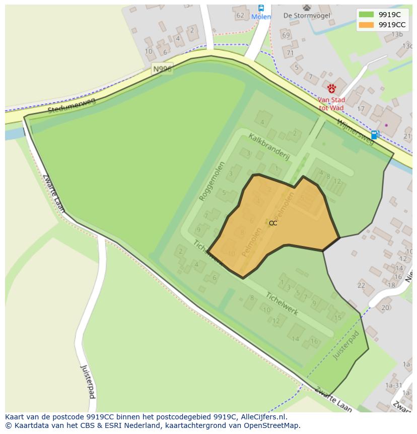 Afbeelding van het postcodegebied 9919 CC op de kaart.