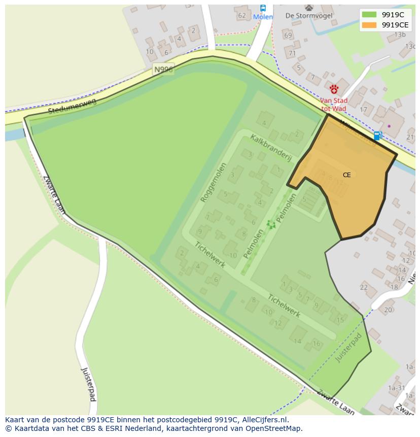 Afbeelding van het postcodegebied 9919 CE op de kaart.