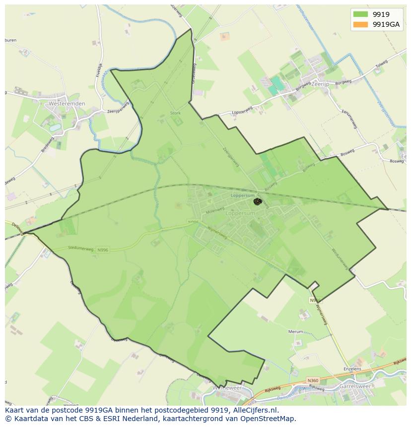 Afbeelding van het postcodegebied 9919 GA op de kaart.