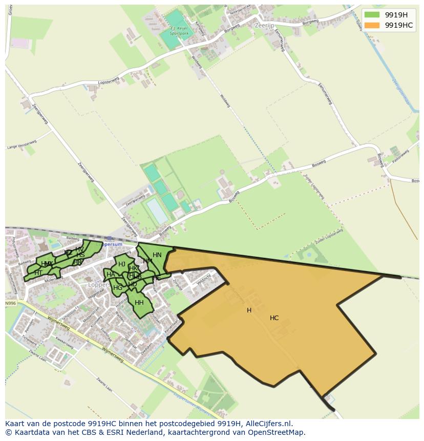 Afbeelding van het postcodegebied 9919 HC op de kaart.