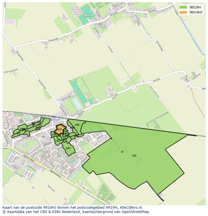 Afbeelding van het postcodegebied 9919 HJ op de kaart.