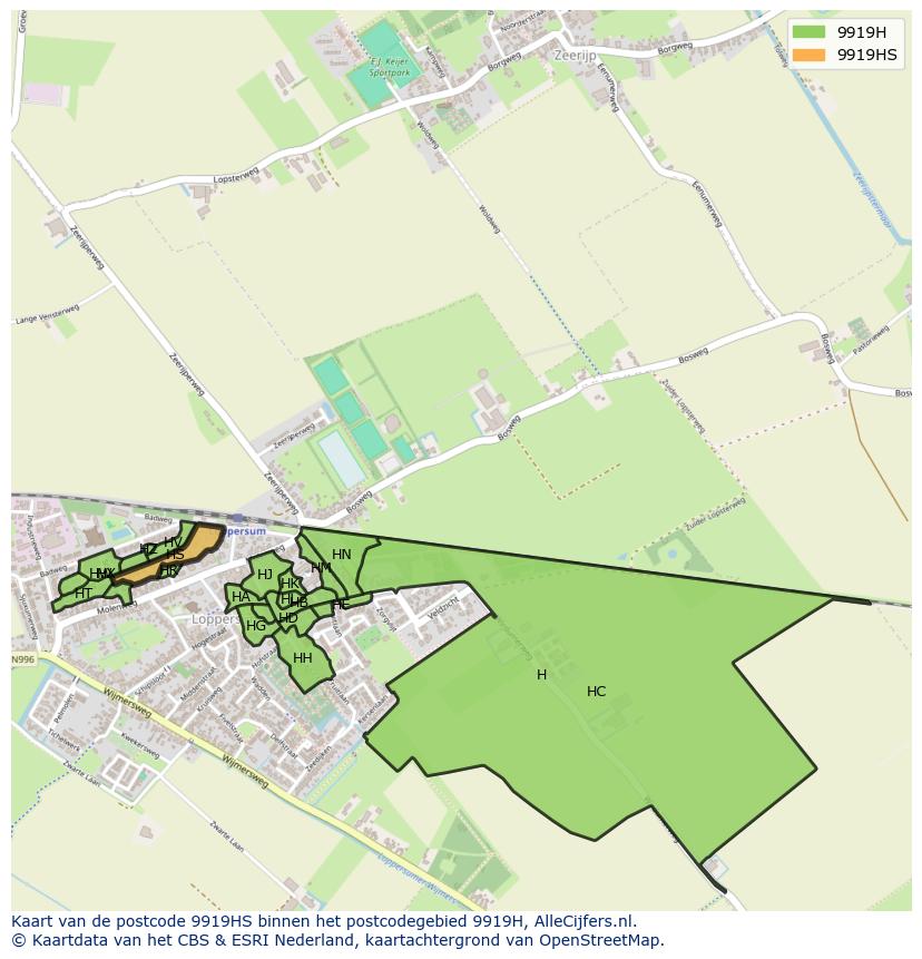 Afbeelding van het postcodegebied 9919 HS op de kaart.