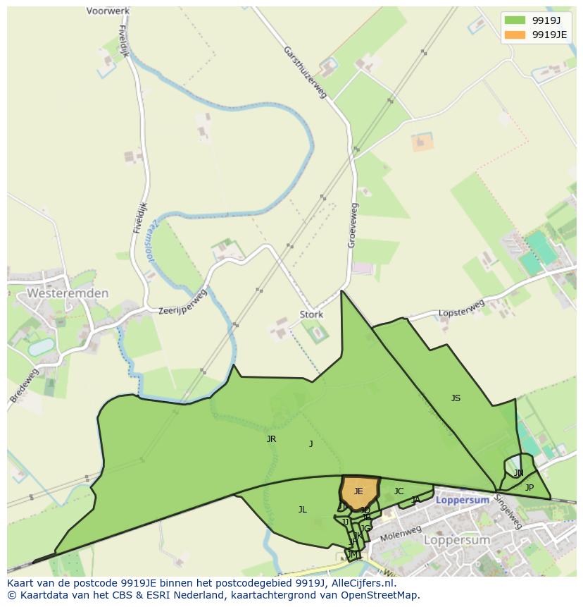 Afbeelding van het postcodegebied 9919 JE op de kaart.