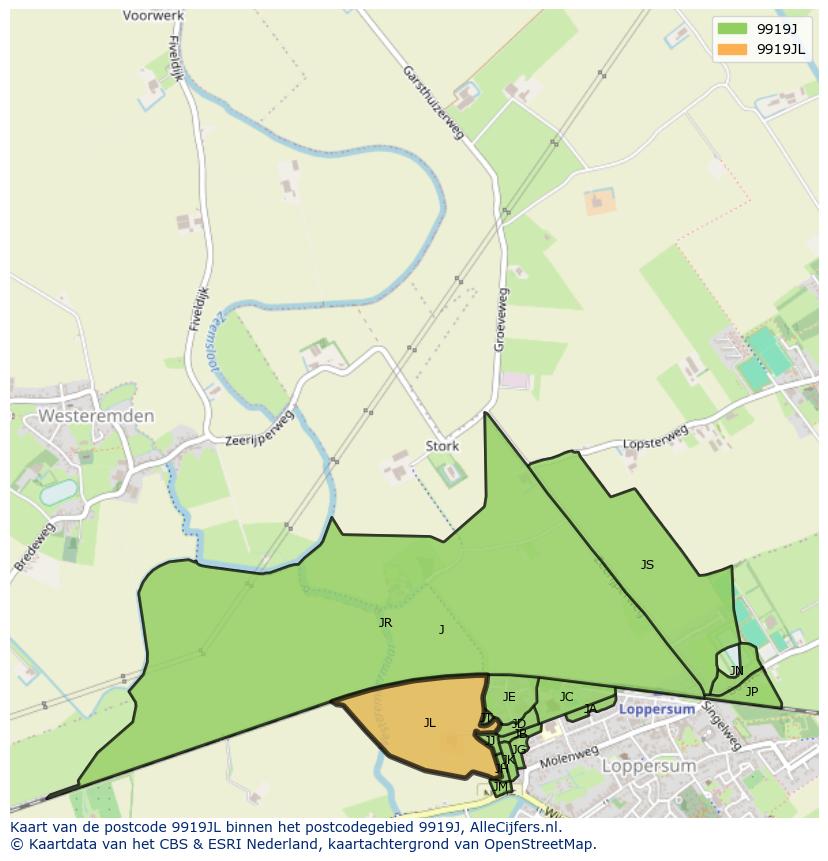 Afbeelding van het postcodegebied 9919 JL op de kaart.