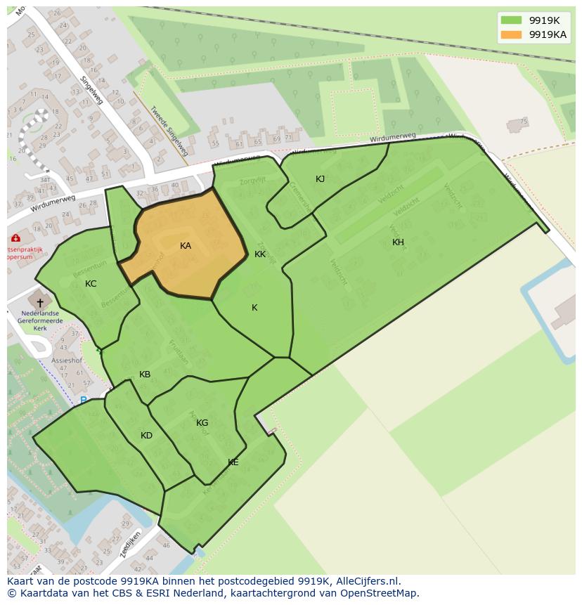 Afbeelding van het postcodegebied 9919 KA op de kaart.