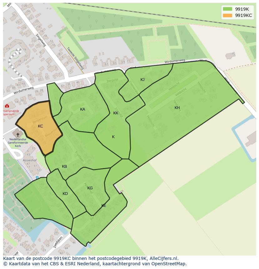 Afbeelding van het postcodegebied 9919 KC op de kaart.
