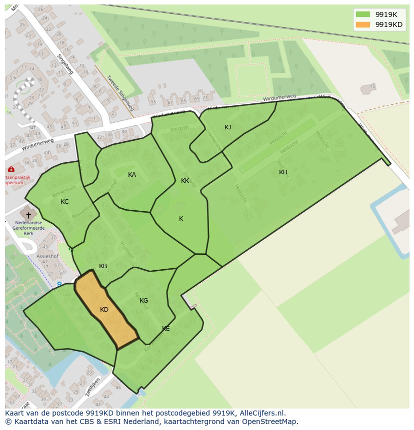 Afbeelding van het postcodegebied 9919 KD op de kaart.