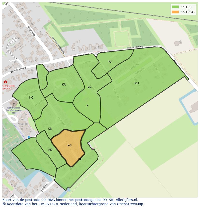 Afbeelding van het postcodegebied 9919 KG op de kaart.