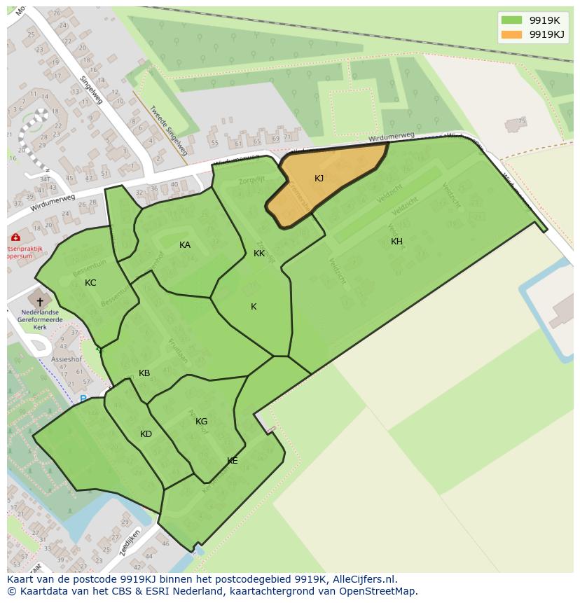 Afbeelding van het postcodegebied 9919 KJ op de kaart.
