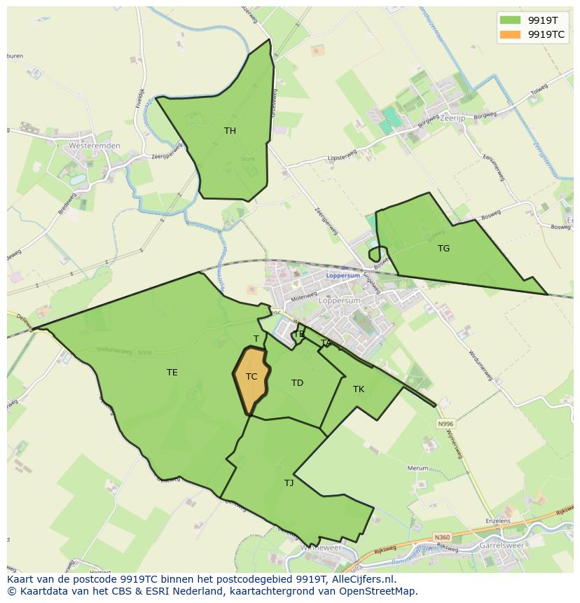 Afbeelding van het postcodegebied 9919 TC op de kaart.