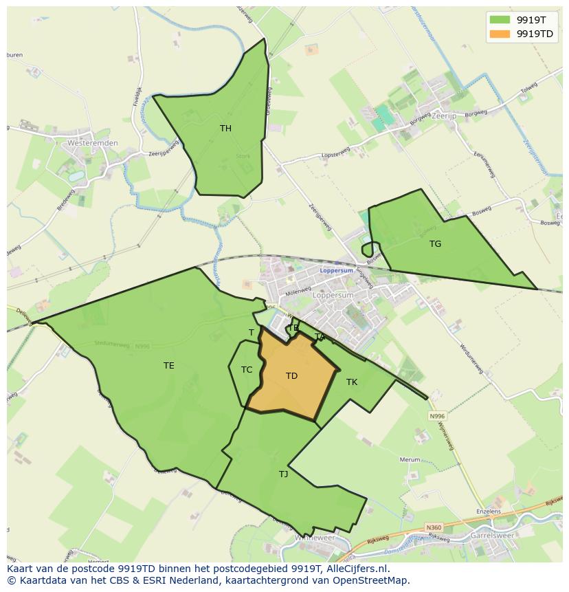 Afbeelding van het postcodegebied 9919 TD op de kaart.