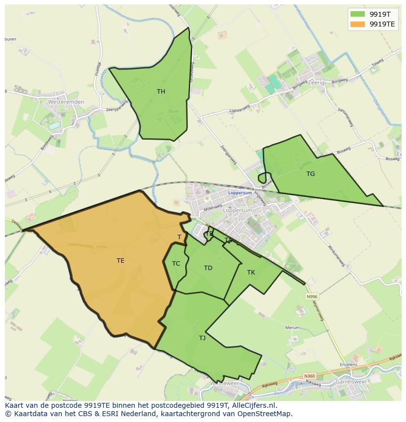 Afbeelding van het postcodegebied 9919 TE op de kaart.