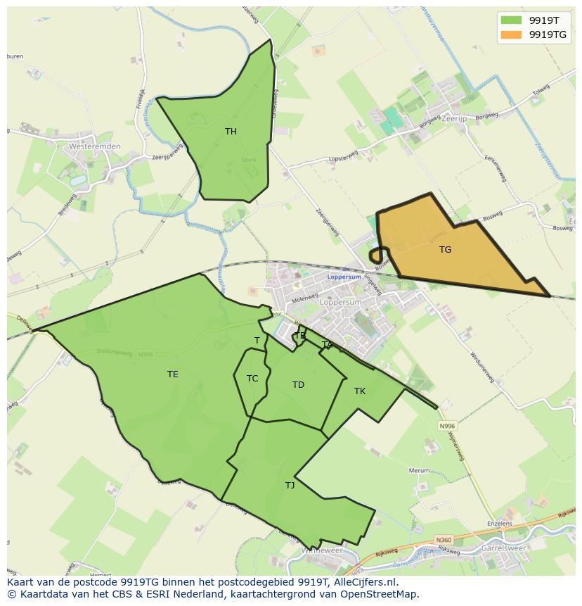 Afbeelding van het postcodegebied 9919 TG op de kaart.