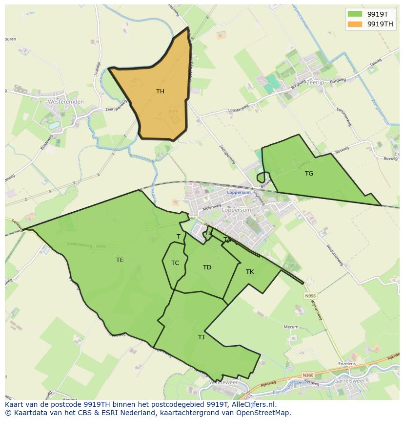 Afbeelding van het postcodegebied 9919 TH op de kaart.