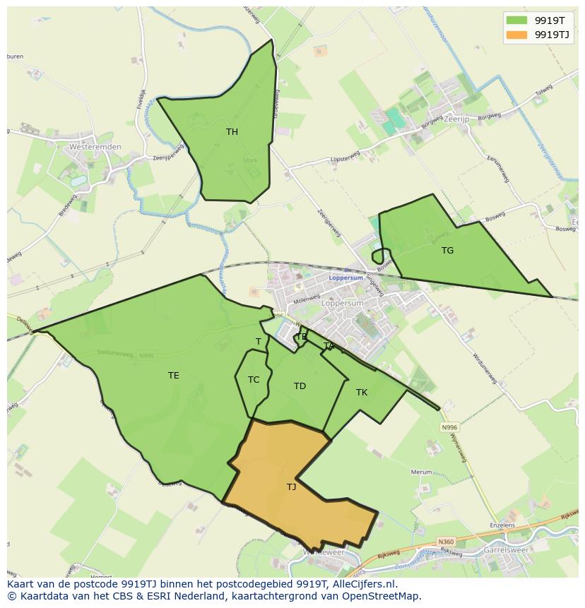 Afbeelding van het postcodegebied 9919 TJ op de kaart.