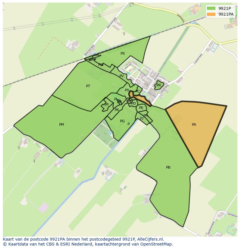 Afbeelding van het postcodegebied 9921 PA op de kaart.