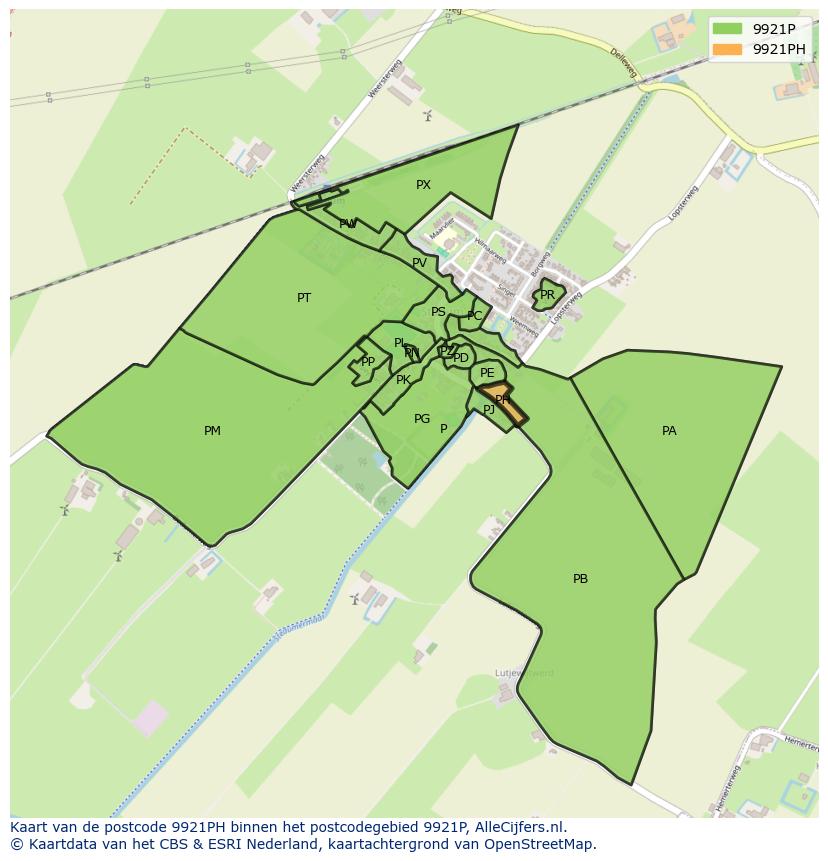 Afbeelding van het postcodegebied 9921 PH op de kaart.