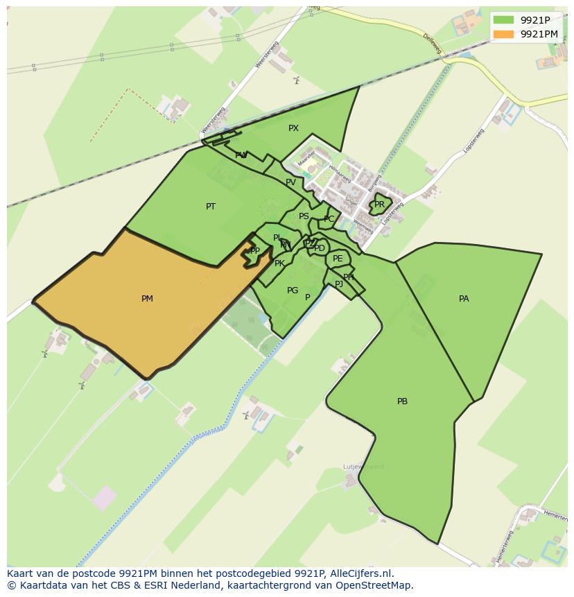 Afbeelding van het postcodegebied 9921 PM op de kaart.