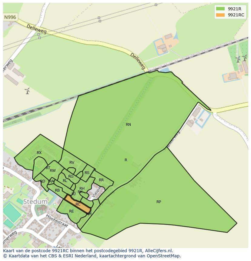 Afbeelding van het postcodegebied 9921 RC op de kaart.
