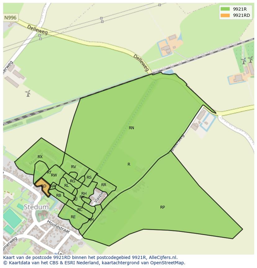 Afbeelding van het postcodegebied 9921 RD op de kaart.