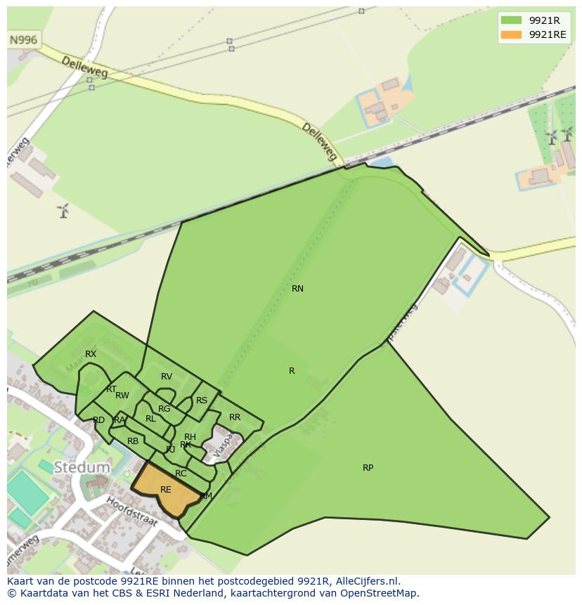 Afbeelding van het postcodegebied 9921 RE op de kaart.