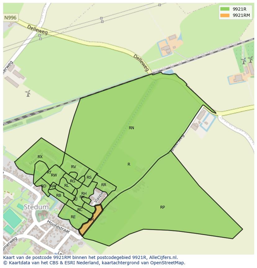Afbeelding van het postcodegebied 9921 RM op de kaart.