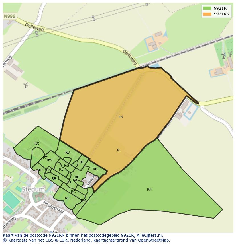 Afbeelding van het postcodegebied 9921 RN op de kaart.