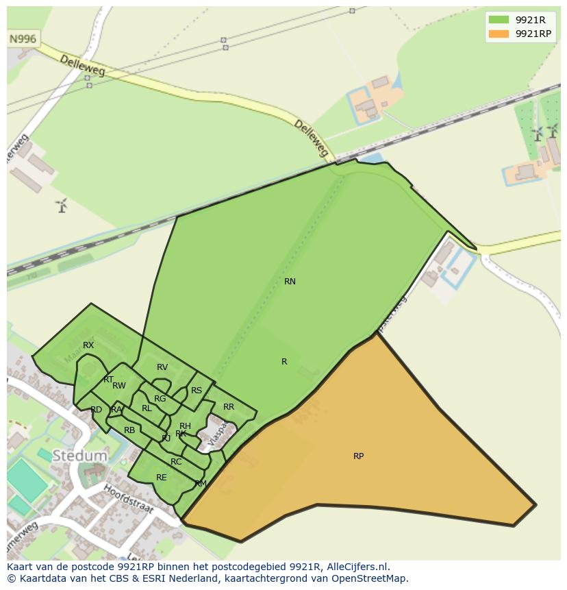 Afbeelding van het postcodegebied 9921 RP op de kaart.