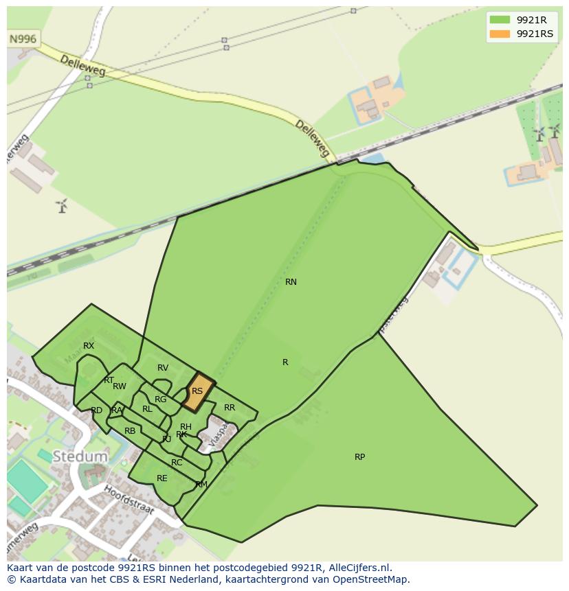 Afbeelding van het postcodegebied 9921 RS op de kaart.