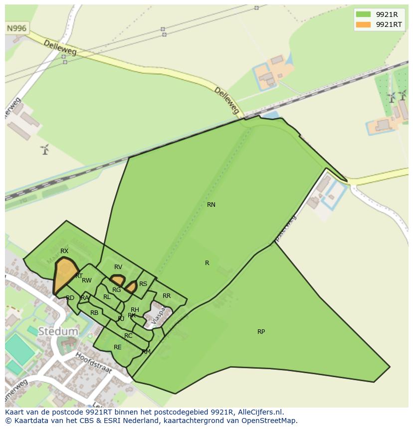 Afbeelding van het postcodegebied 9921 RT op de kaart.