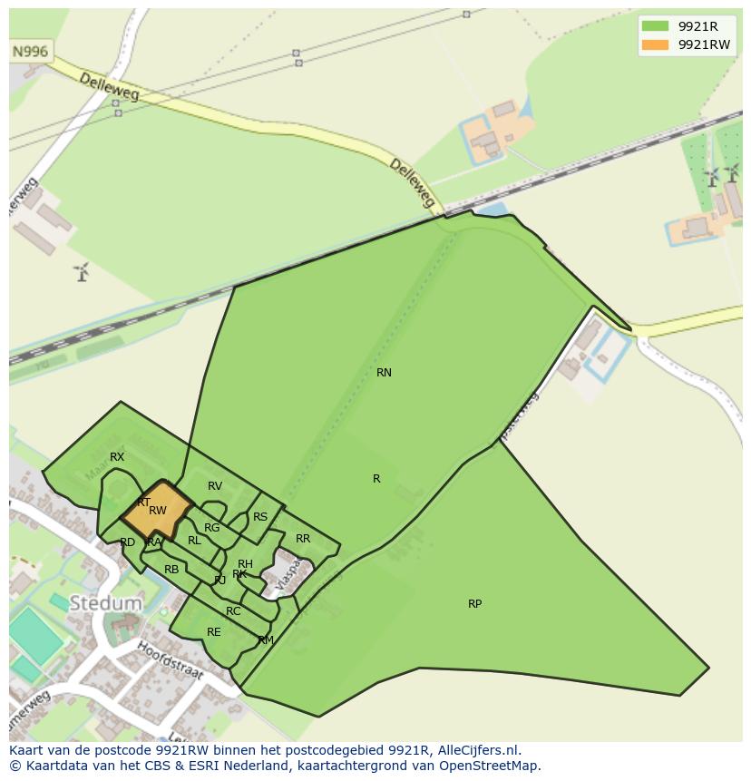 Afbeelding van het postcodegebied 9921 RW op de kaart.