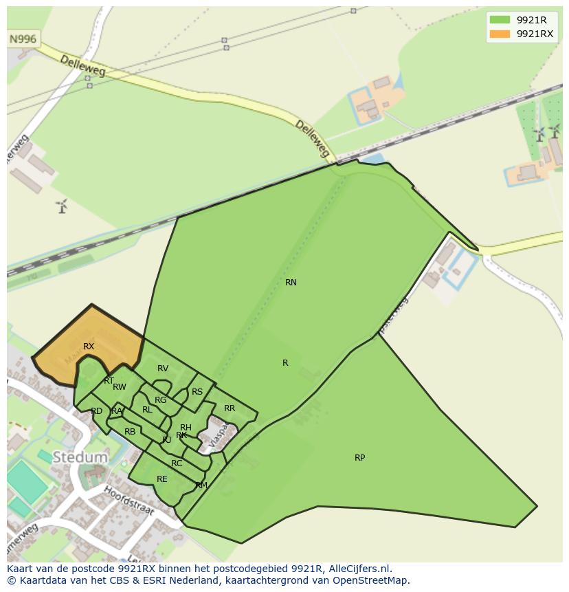 Afbeelding van het postcodegebied 9921 RX op de kaart.