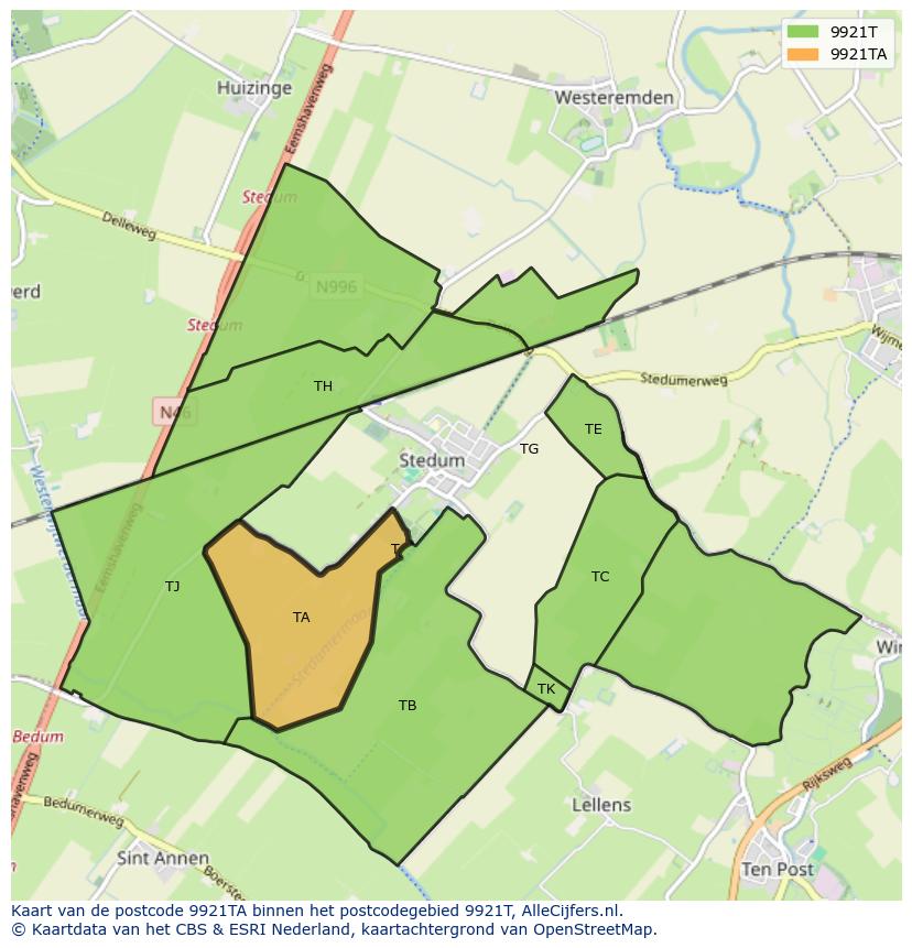 Afbeelding van het postcodegebied 9921 TA op de kaart.