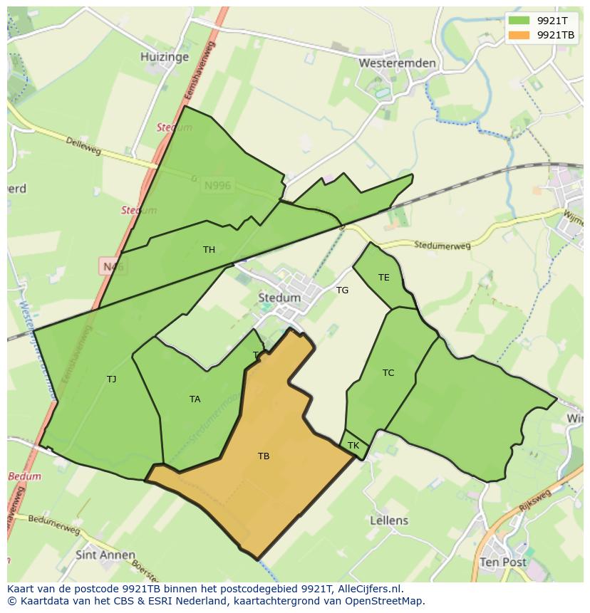 Afbeelding van het postcodegebied 9921 TB op de kaart.
