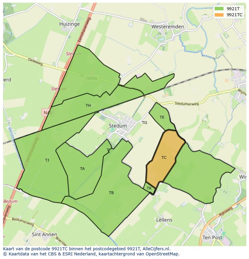 Afbeelding van het postcodegebied 9921 TC op de kaart.