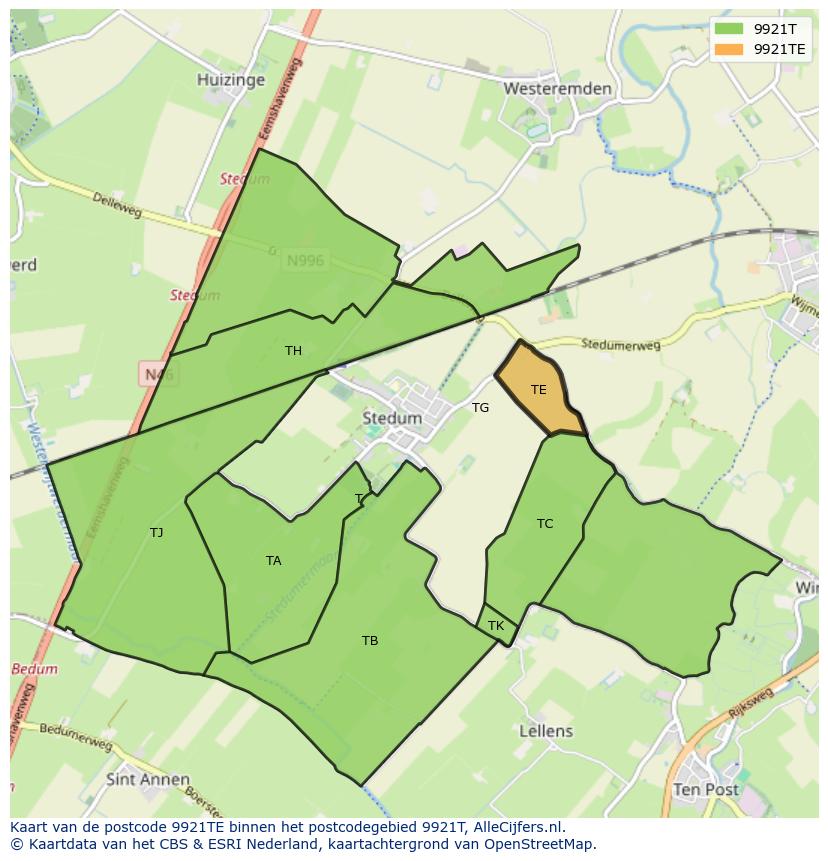 Afbeelding van het postcodegebied 9921 TE op de kaart.