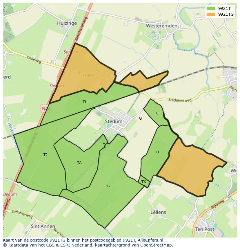 Afbeelding van het postcodegebied 9921 TG op de kaart.