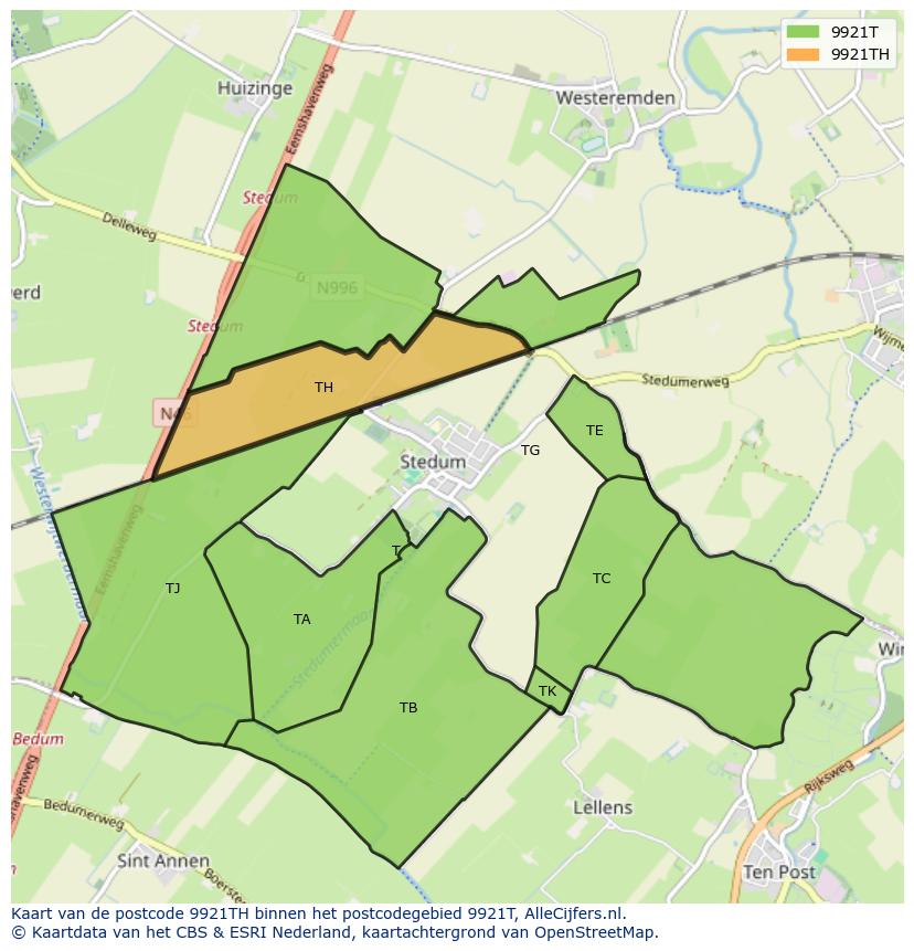 Afbeelding van het postcodegebied 9921 TH op de kaart.