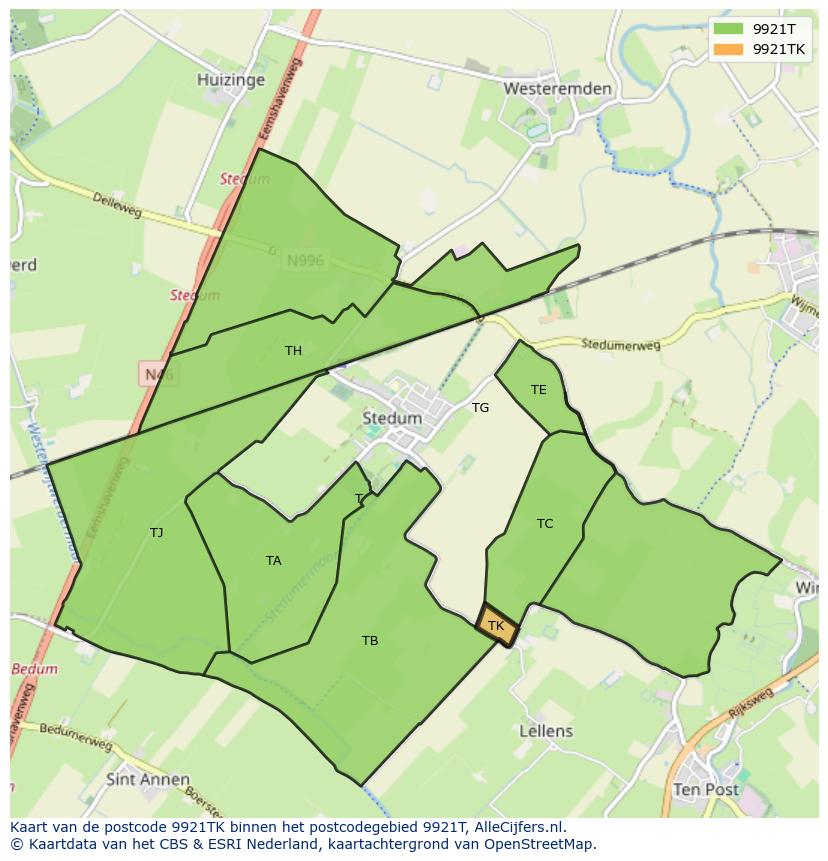 Afbeelding van het postcodegebied 9921 TK op de kaart.